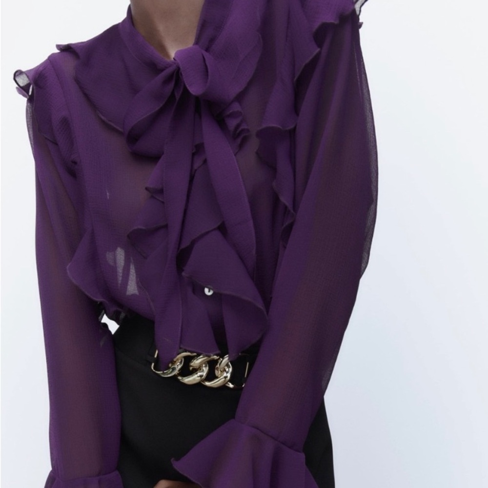 Zara Deep Purple Sheer Ruffle Blouse - Picture 3 of 11